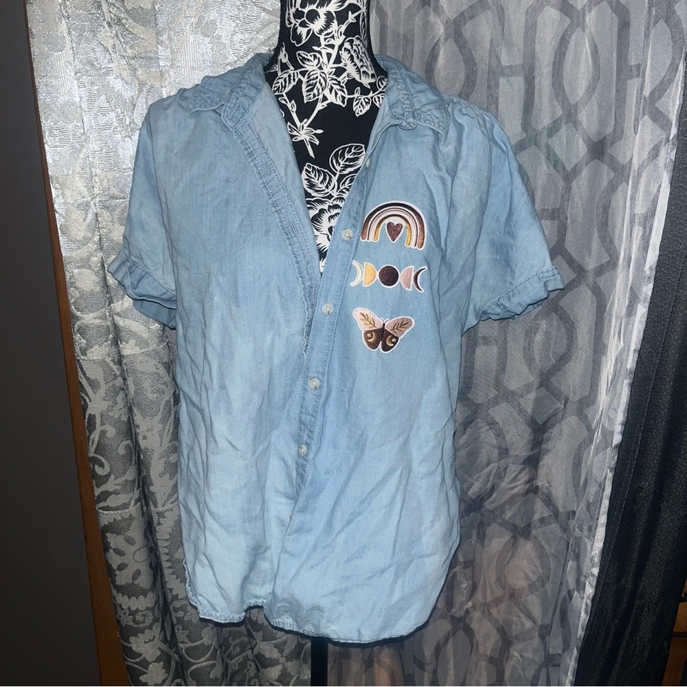 Light bleach dye button down Blue Shirt with boho Embroidered Patches